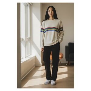 Meister Vintage Ski Sweater, Rainbow Stripe on Cream, 100% Wool, EUC